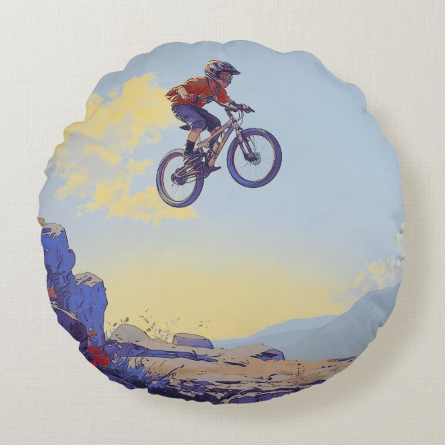 Cliff Jumping BMXer- BMX Rider Design Round Pillow (Front)