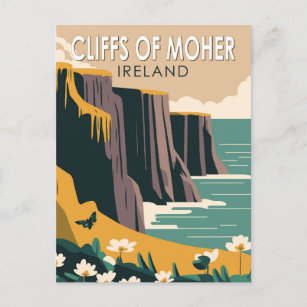 Cliffs of Moher Ireland Floral Travel Art Vintage Postcard