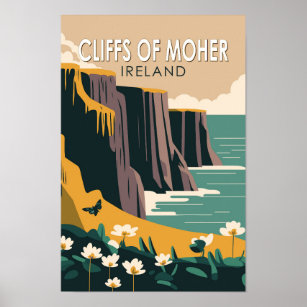 Cliffs of Moher Ireland Floral Travel Art Vintage Poster