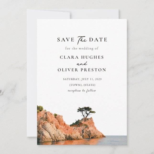Cliffside Cypress Sunset Big Sur Coast Wedding Save The Date (Front)