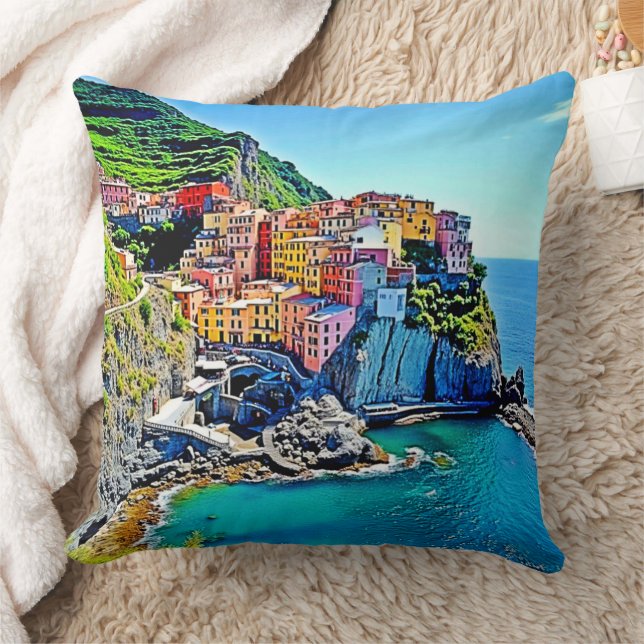 Cliffside Dreams: Manarola’s Colours Throw Pillow (Blanket)