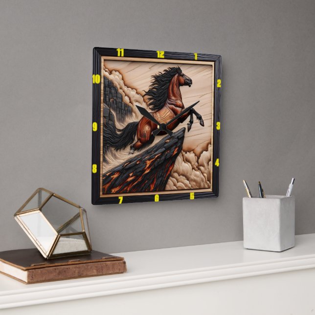 Cliffside Freedom: Wood Mustang Timepiece Square Wall Clock (Office)