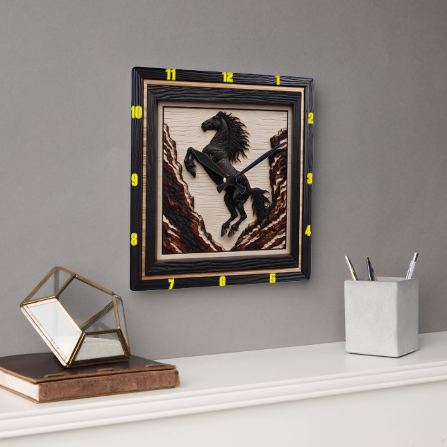  Cliffside Majesty: Charred Wood Mustang Square Wall Clock (Office)