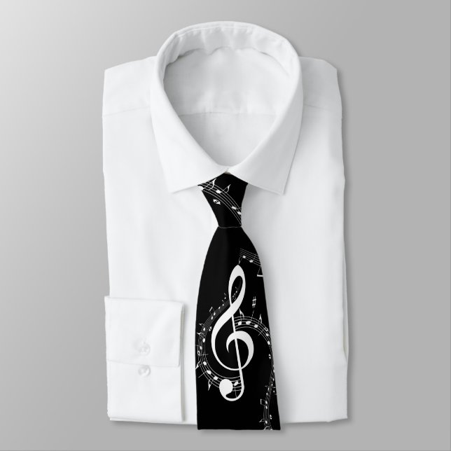 Climactic G Clef White Music on Black  Tie (Tied)