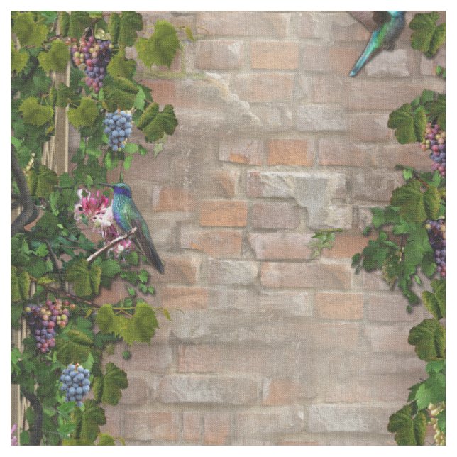 Climbing Grapevines, honeysuckles & Brick Wall Fabric (Close Up)