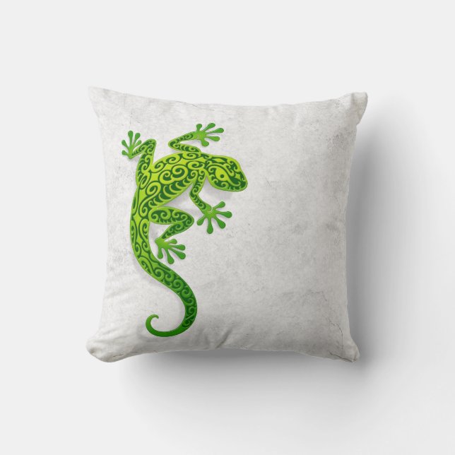 Climbing Green Gecko on a White Wall Throw Pillow (Front)