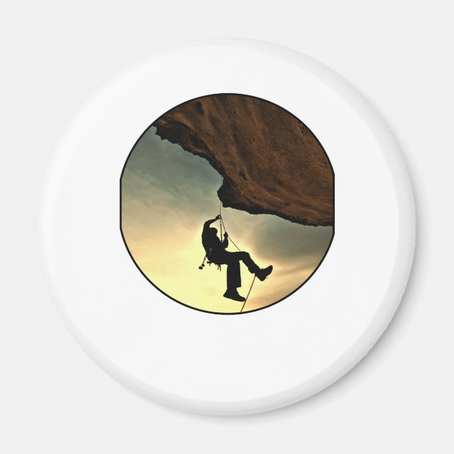 Climbing mountain man at sunset magnet (Front)