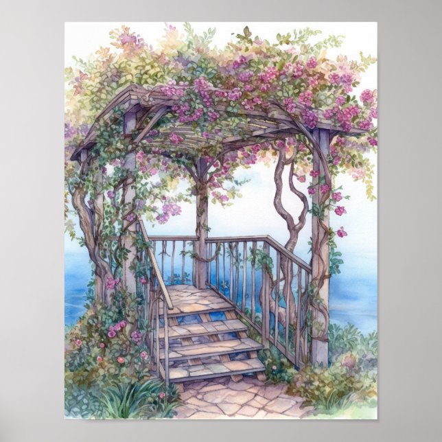 Climbing Rose Arbor in Ocean Watercolor Poster (Front)