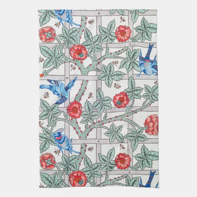 Climbing Rose & Small Bird, William Morris Kitchen Towel (Vertical)