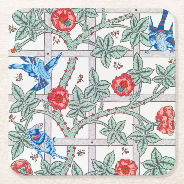 Climbing Rose & Small Bird, William Morris Square Paper Coaster (Front)
