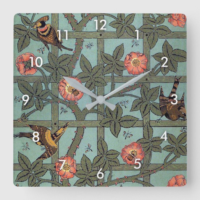 Climbing Rose & Small Bird, William Morris Square Wall Clock (Front)