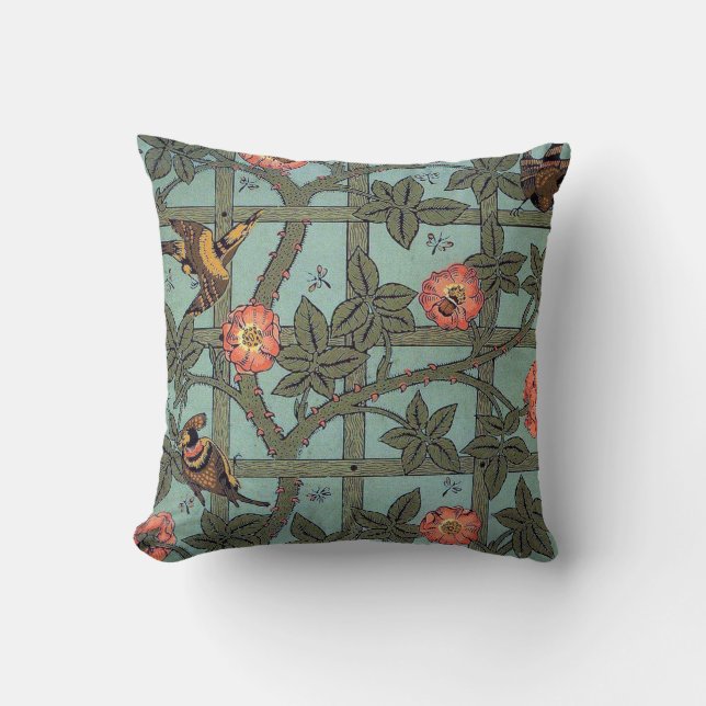 Climbing Rose & Small Bird, William Morris Throw Pillow (Front)