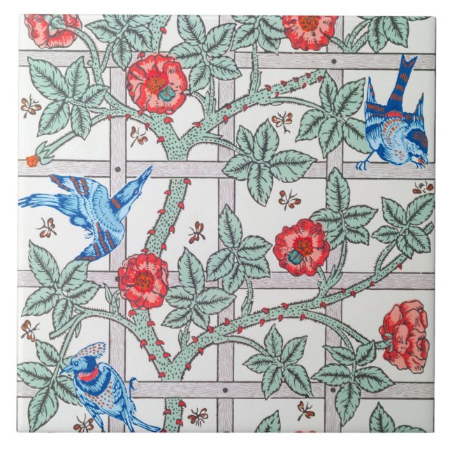Climbing Rose & Small Bird, William Morris Tile (Front)