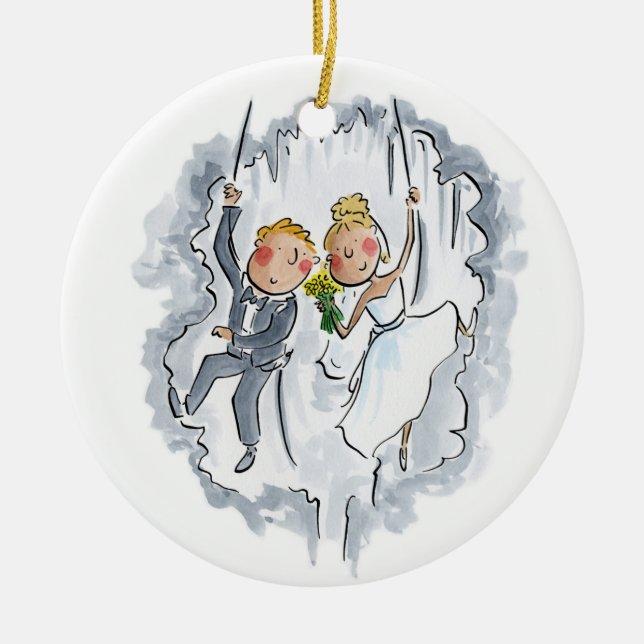 Climbing Wedding Couple Ceramic Ornament (Front)