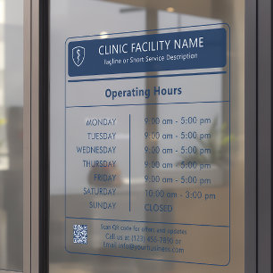 Clinic Operating Hours Navy Blue Window Cling