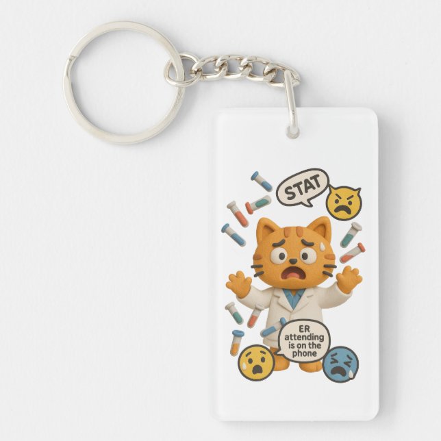 Clinical Lab Tech Cat Running So Many Tests Keychain (Front)