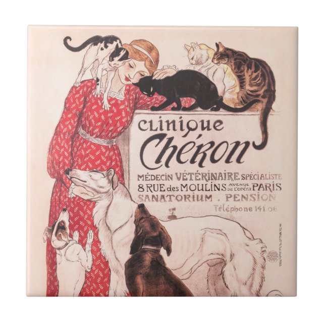 Clinique Cheron Vintage Dog Cat Steinlen Poster Tile (Front)
