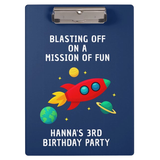 Clipboard Of Space Theme Navy Blue Birthday Party (Front)