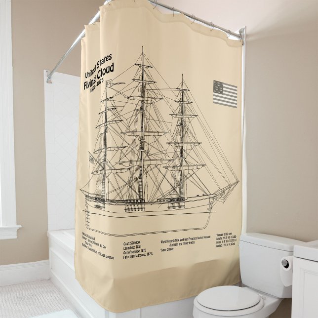 Clipper Ship Flying Cloud - Ship Blueprint SD (Clipper Ship Flying Cloud - Ship Blueprint SD. Shower Curtain)