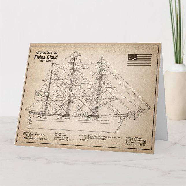Clipper Ship Flying Cloud - Ship Blueprint SD Thank You Card (Front)