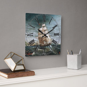 Clipper Ship in New York Harbour 1890 Square Wall Clock