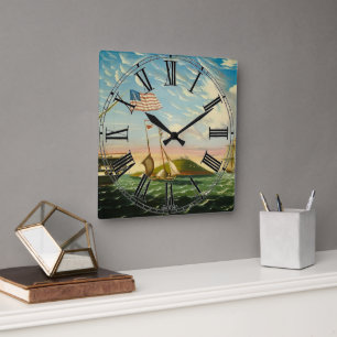 Clipper Ships Boston Harbour 1800s Square Wall Clock