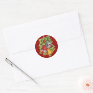 Cloches de Noël sur Sticker rond Classique Bleu