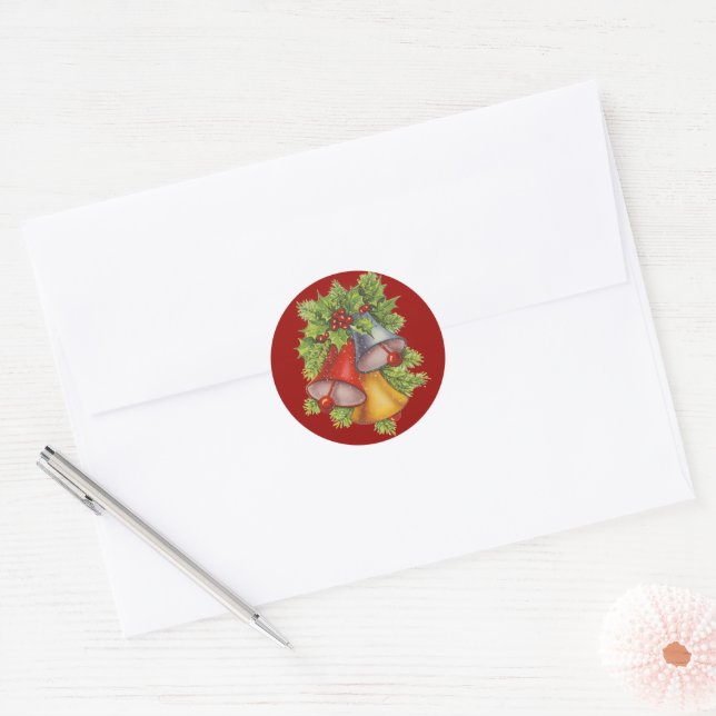 Cloches de Noël sur Sticker rond Classique Bleu (Enveloppe)