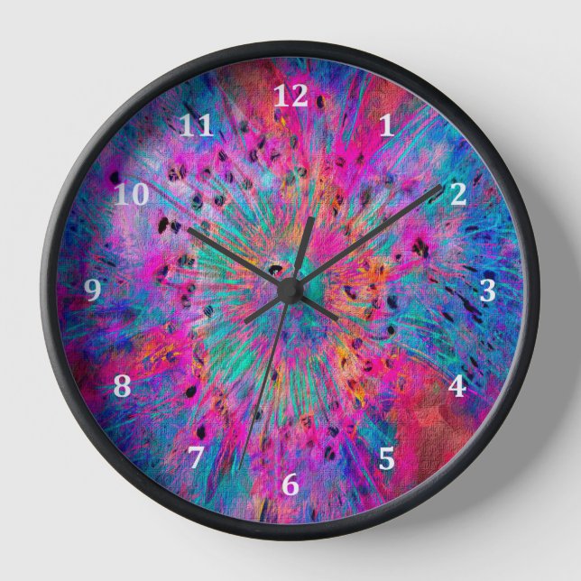 Clock Abstract Floral Design & Black Wood Frame (Front)