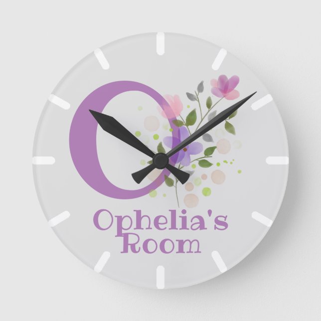 Clock in a Floral Design with Name & Initial (Front)