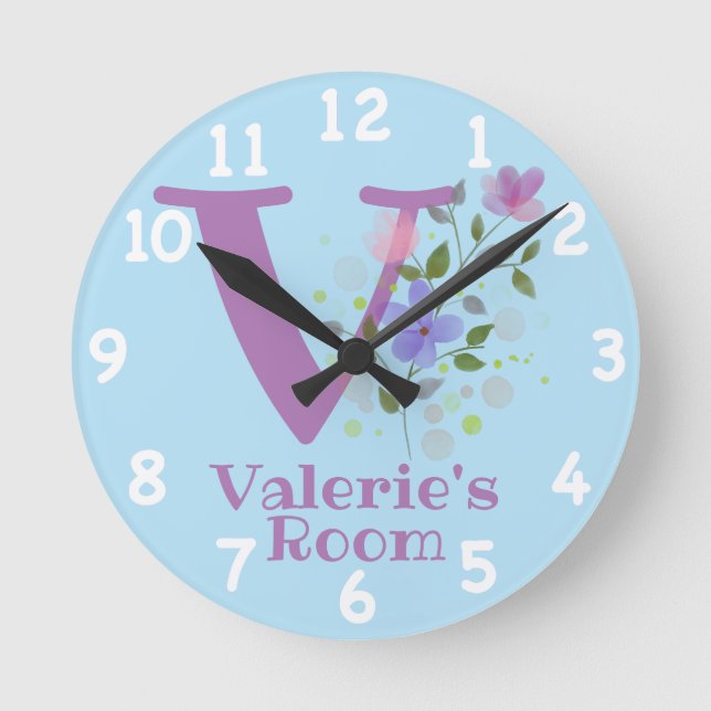 Clock in Floral Design with Name Valerie & Initial (Front)