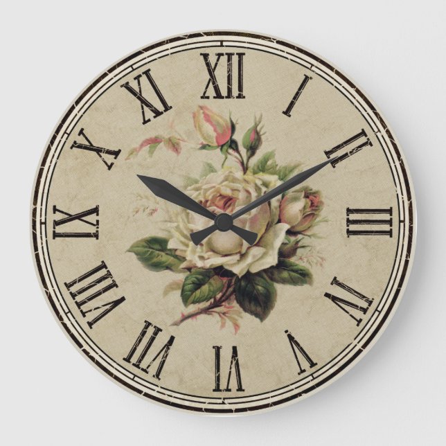 Clock Round Vintage Shabby Look  “Rose” white (Front)