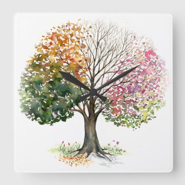 CLOCK SQ W/ 4 SEASON TREE WATERCOLOR ART (Front)