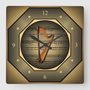 Clock-tagon ~ Harp ~ Sheet Music ~  Square Wall Clock