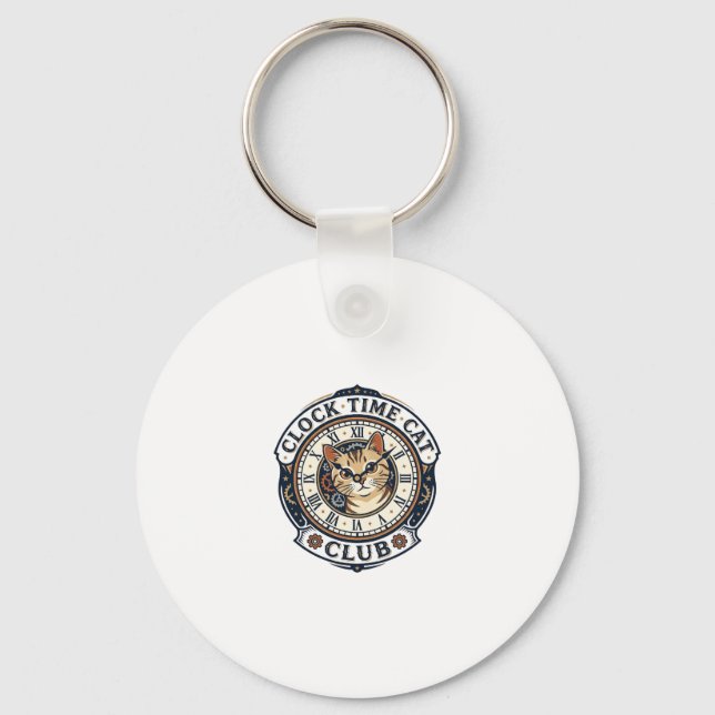 Clock Time Cat Cat Graphic Tee Art - Clock Time Ca Keychain (Front)