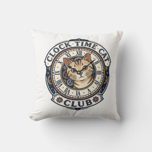 Clock Time Cat Cat Graphic Tee Art - Clock Time Ca Throw Pillow
