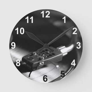 Clock: Vinyl Record on a Turntable. Vintage Theme Round Clock