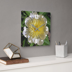 CLOCK/ WHITE PEONY WITH YELLOW CENTER. SQUARE WALL CLOCK