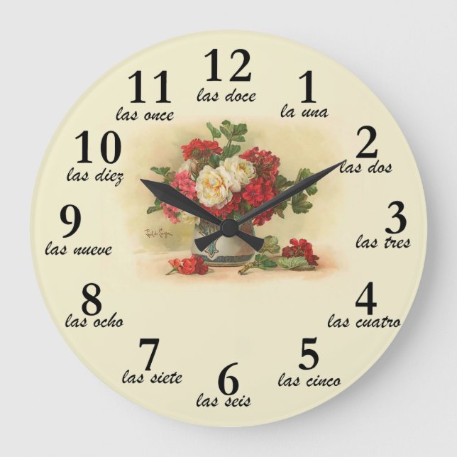 Clock with vintage image and numbers in Spanish (Front)
