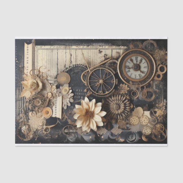 Clocks, Gears, Flowers and Ephemera Tissue Paper (Front)