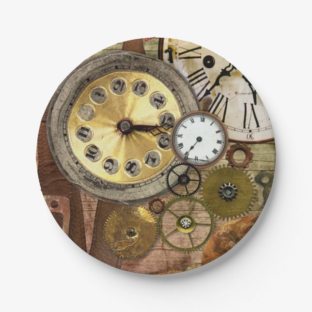 Clocks Rusty Old Steampunk Art Paper Plate (Front)