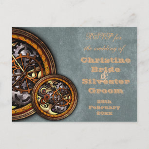 Clockwork and Leather, wedding RSVP Invitation Postcard