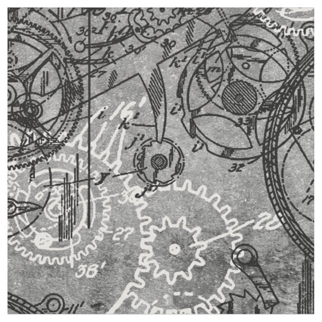 Clockwork Collage Grey Fabric (Close Up)