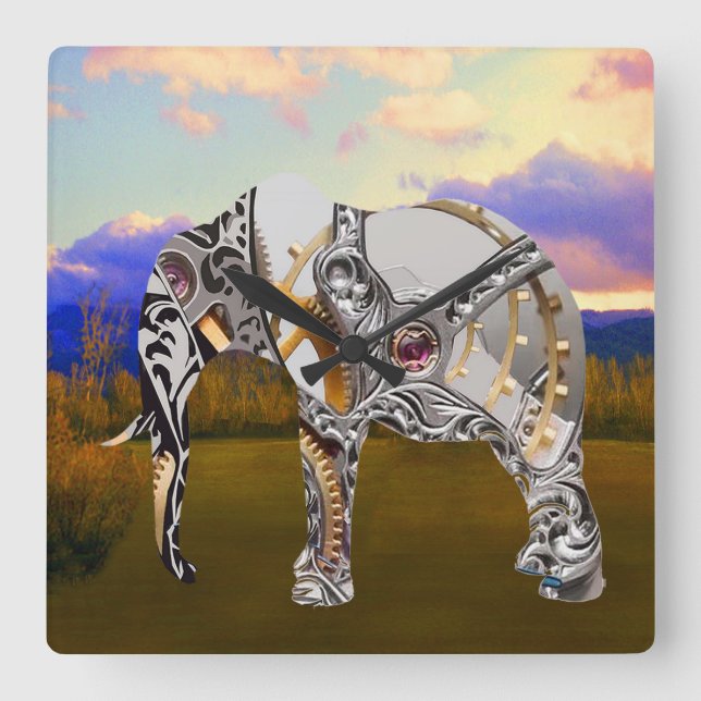 Clockwork Elephant Square Wall Clock (Front)