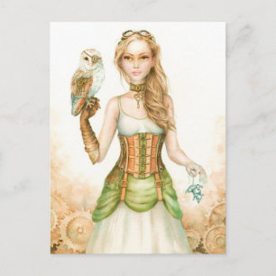 Clockwork, rustic steampunk girl and owl postcard
