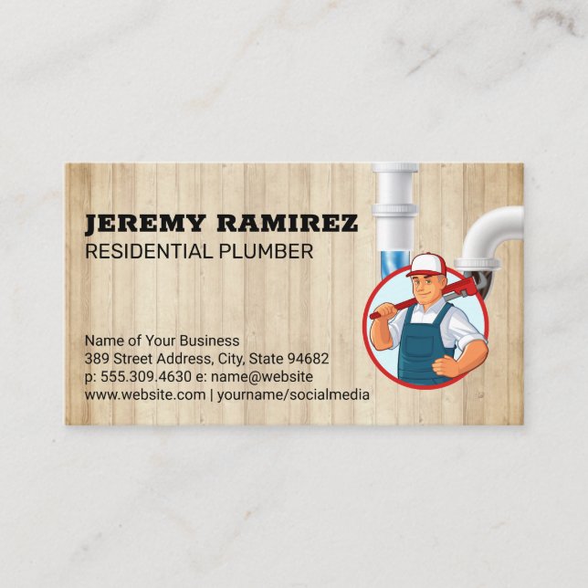 Clogged Pipe | Plumber with Wrench Business Card (Front)