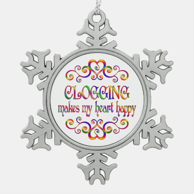 Clogging Heart Happy Snowflake Pewter Christmas Ornament (Front)