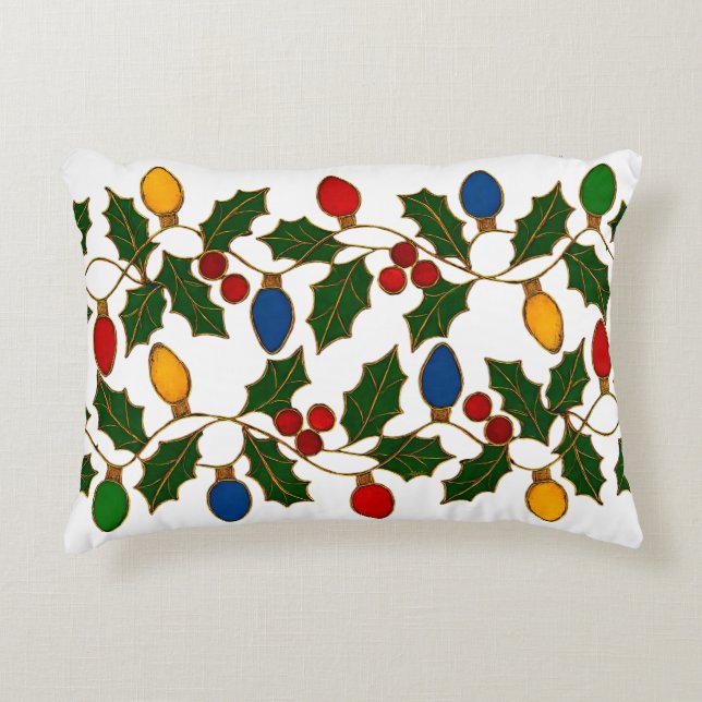 Cloisonne Art Christmas Lights and Holly Accent Pillow (Front)