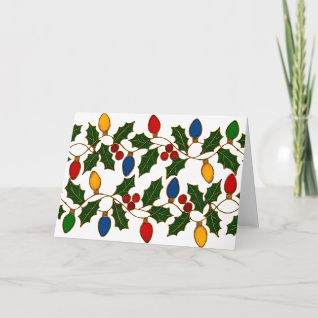 Cloisonne Art Christmas Lights and Holly Card (Front)