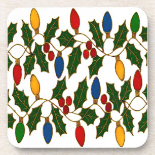 Cloisonne Art Christmas Lights and Holly Coaster